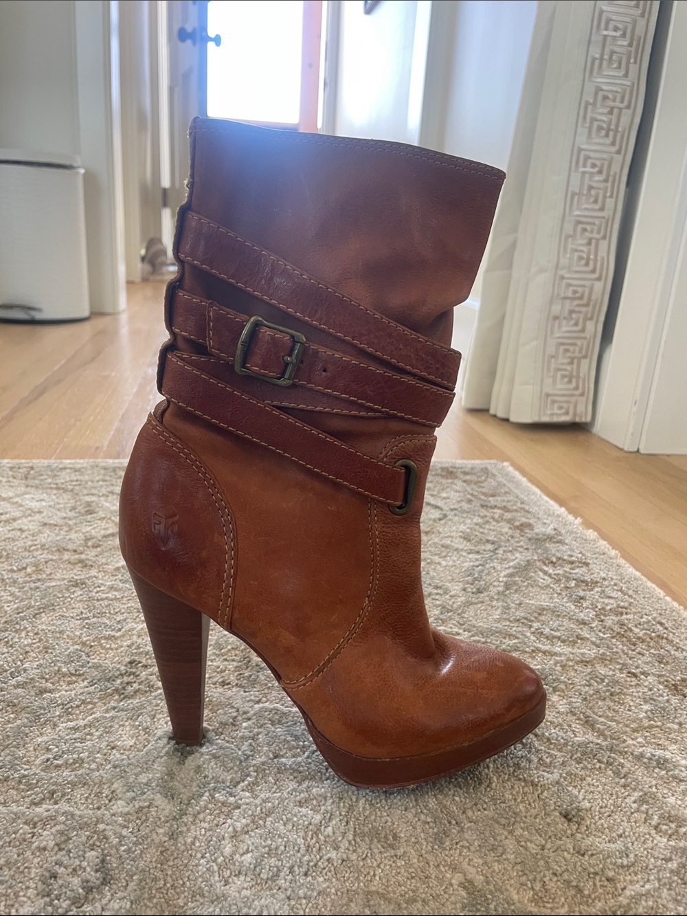 Frye Harlow Cognac Leather High-Heel Ankle Boot with Wrap Straps